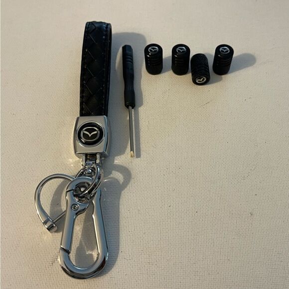 Mazda key fob Keychain in black leather and Valve stem caps in Black NWT - Picture 2 of 4